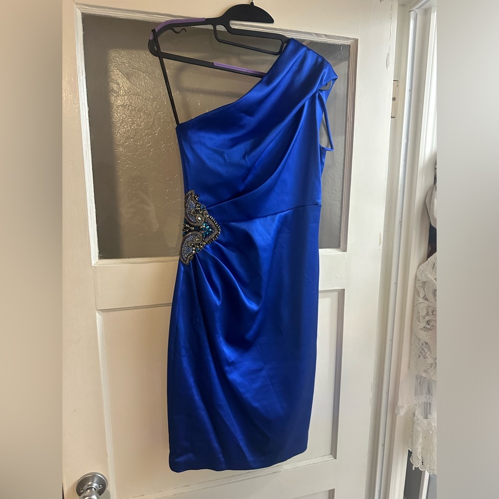 Blue Satin Size 4 David Meister Cocktail Dress with Jewel Embellishments